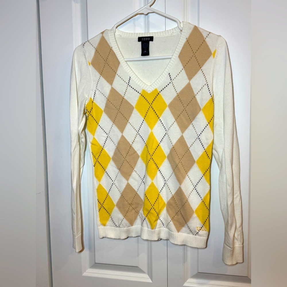 IZOD‎ Women's V-Neck Argyle Sweater - Yellow and Tan